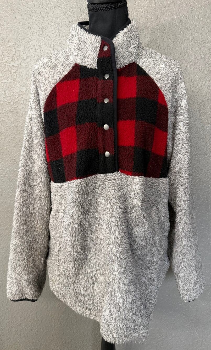 Maurices Womens Sz L Gray Sherpa Red Plaid Warm Half Snap Button Sweater